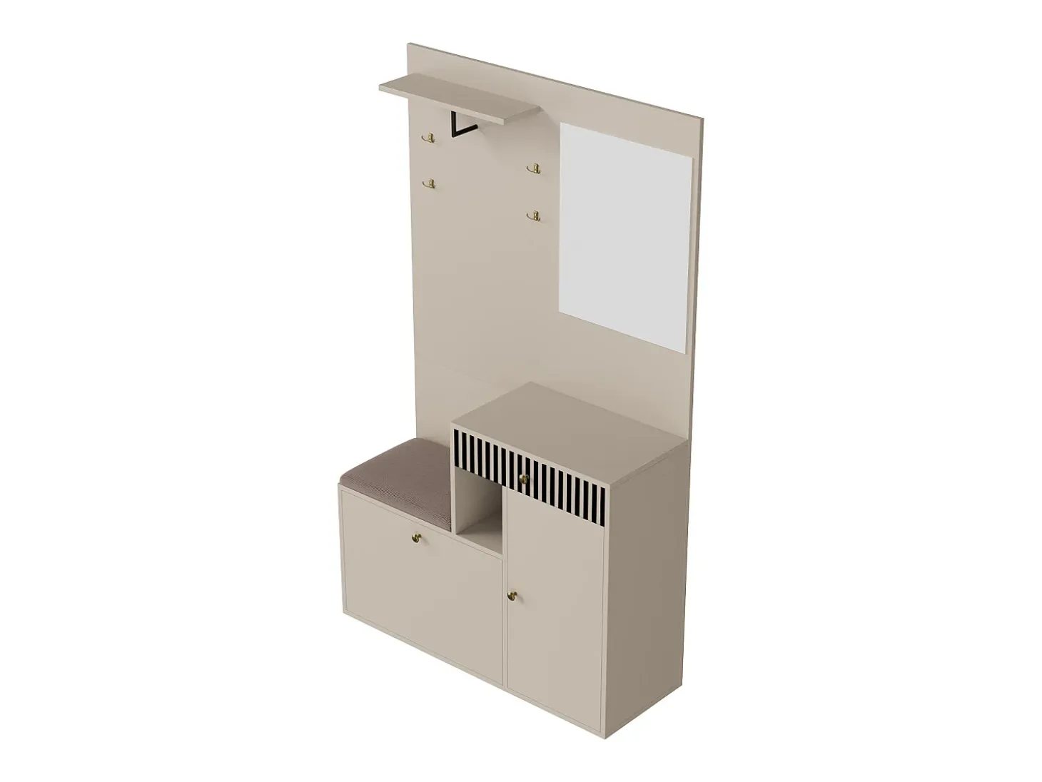 Perchero beige con espejo - Armario 1 cajón y 2 puertas - con cojines y ganchos