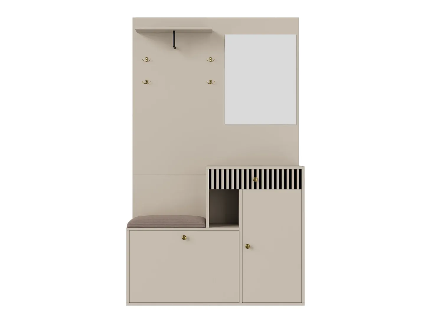 Perchero beige con espejo - Armario 1 cajón y 2 puertas - con cojines y ganchos