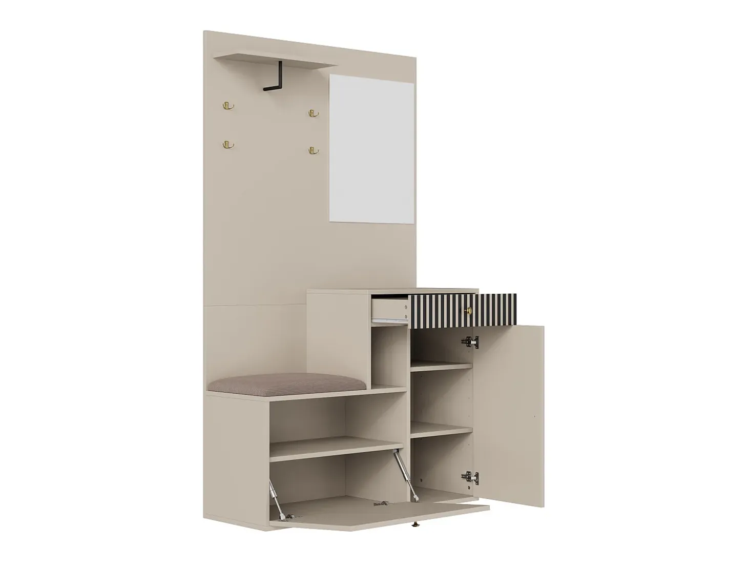 Perchero beige con espejo - Armario 1 cajón y 2 puertas - con cojines y ganchos