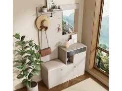 Perchero beige con espejo - Armario 1 cajón y 2 puertas - con cojines y ganchos