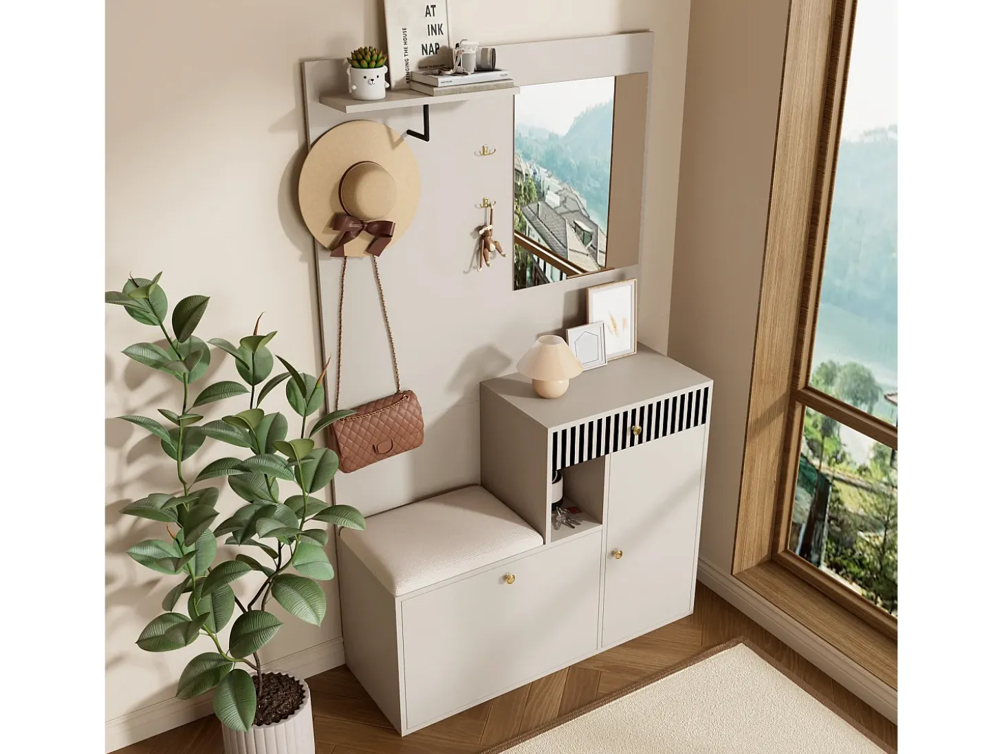 Perchero beige con espejo - Armario 1 cajón y 2 puertas - con cojines y ganchos
