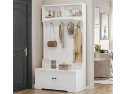 Perchero blanco con 4 ganchos y 2 puertas de almacenamiento – Para recibidores y pasillos