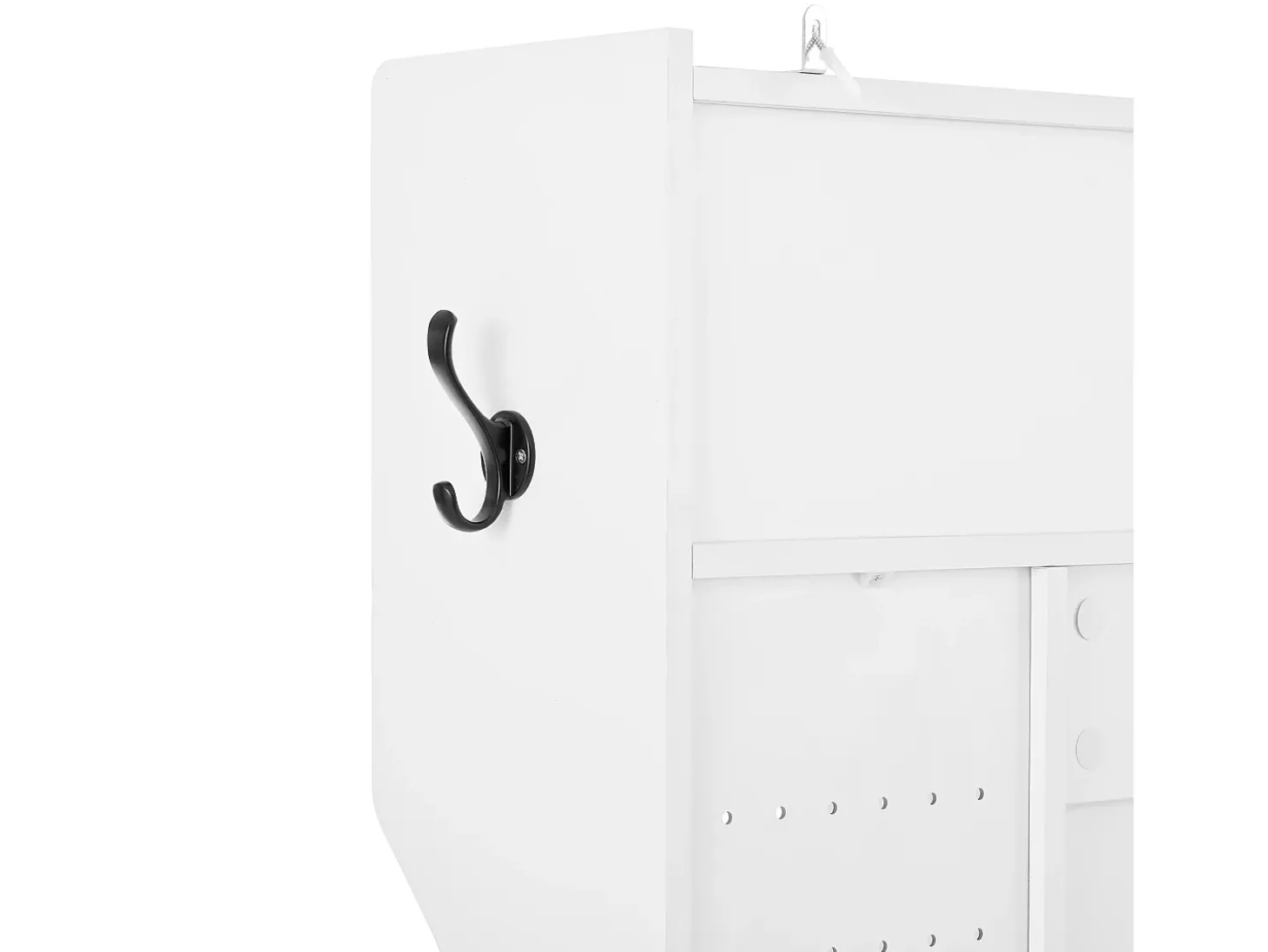 Perchero blanco con 1 puerta, 4 compartimentos abiertos y 6 ganchos