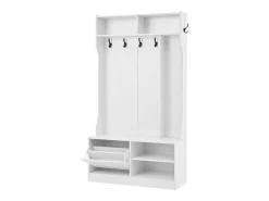 Perchero blanco con 1 puerta, 4 compartimentos abiertos y 6 ganchos