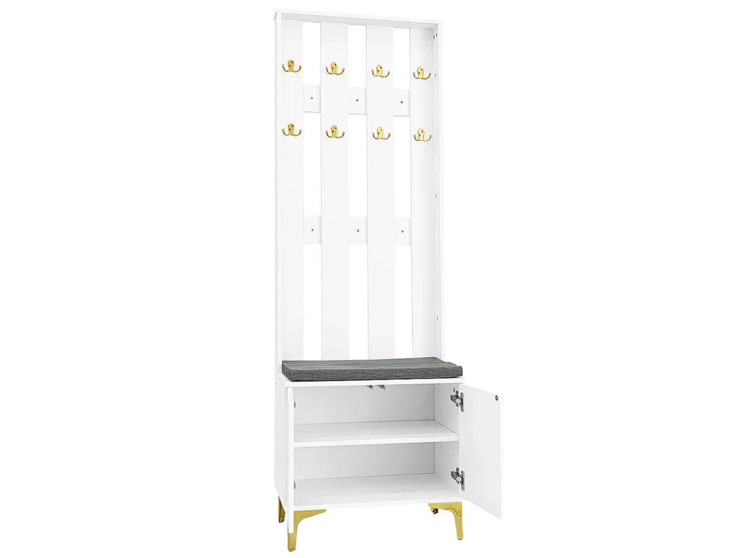 Perchero blanco con banco para zapatos - Puertas onduladas, ganchos dorados y estantes ajustables - Muebles modernos para recibidor