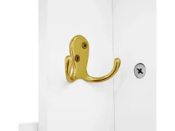 Perchero blanco con banco para zapatos - Puertas onduladas, ganchos dorados y estantes ajustables - Muebles modernos para recibidor