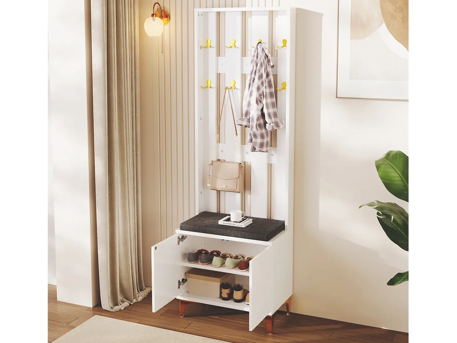 Perchero blanco con banco para zapatos - Puertas onduladas, ganchos dorados y estantes ajustables - Muebles modernos para recibidor