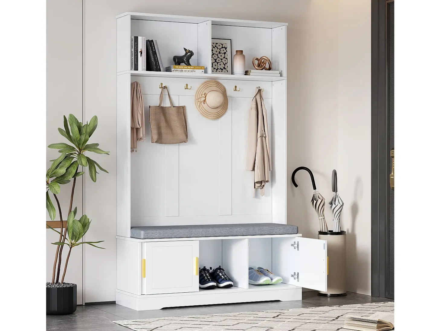 Perchero blanco con banco zapatero, 6 ganchos y espacio de almacenamiento - Mueble de entrada compacto