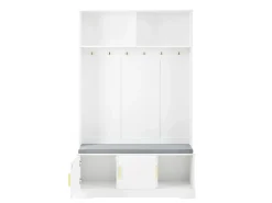 Perchero blanco con banco zapatero, 6 ganchos y espacio de almacenamiento - Mueble de entrada compacto