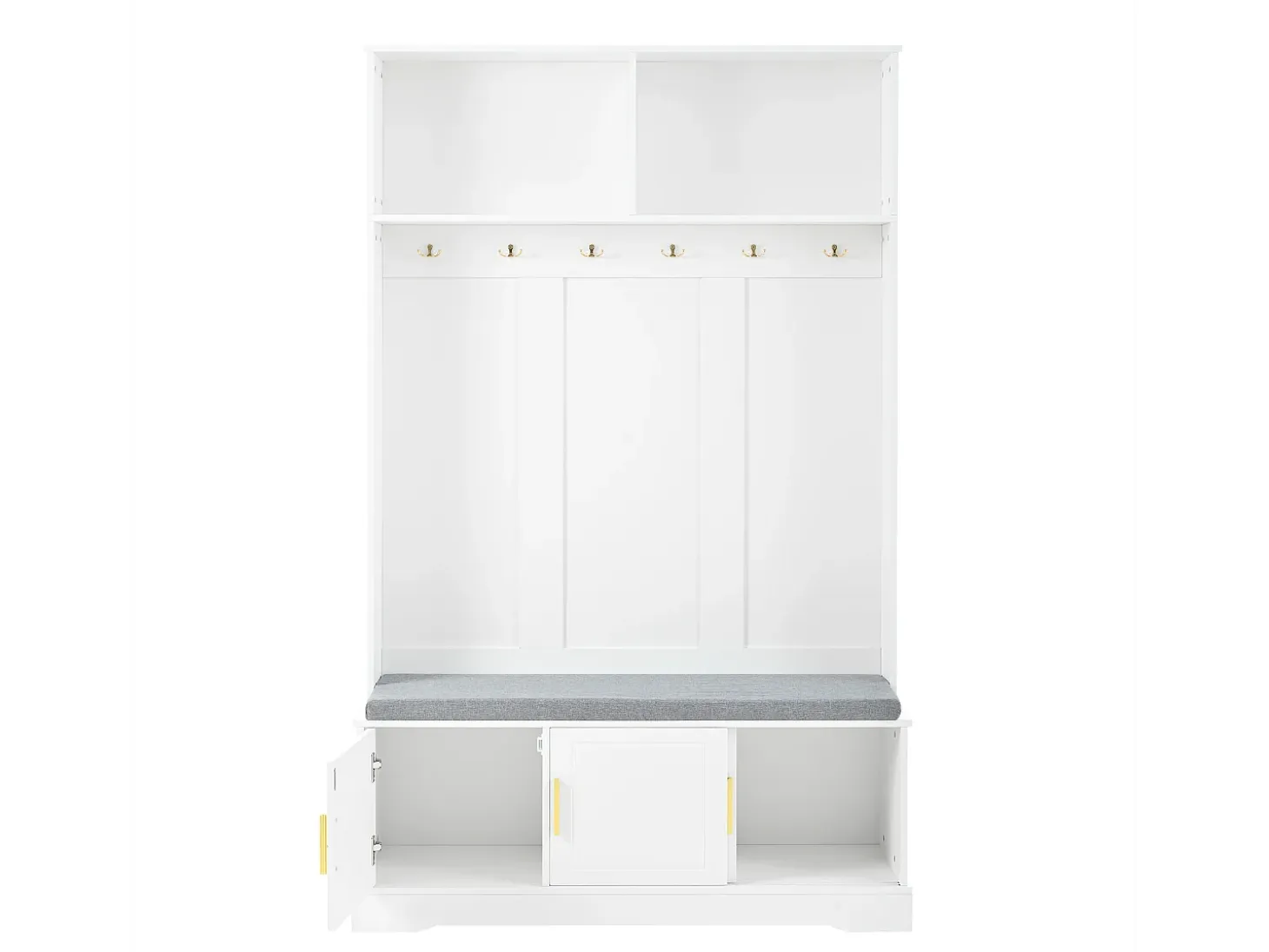 Perchero blanco con banco zapatero, 6 ganchos y espacio de almacenamiento - Mueble de entrada compacto