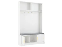 Perchero blanco con banco zapatero, 6 ganchos y espacio de almacenamiento - Mueble de entrada compacto