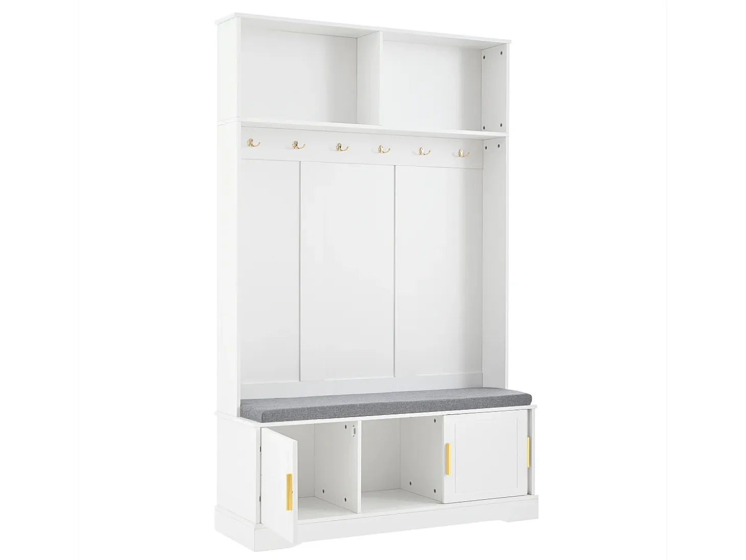 Perchero blanco con banco zapatero, 6 ganchos y espacio de almacenamiento - Mueble de entrada compacto