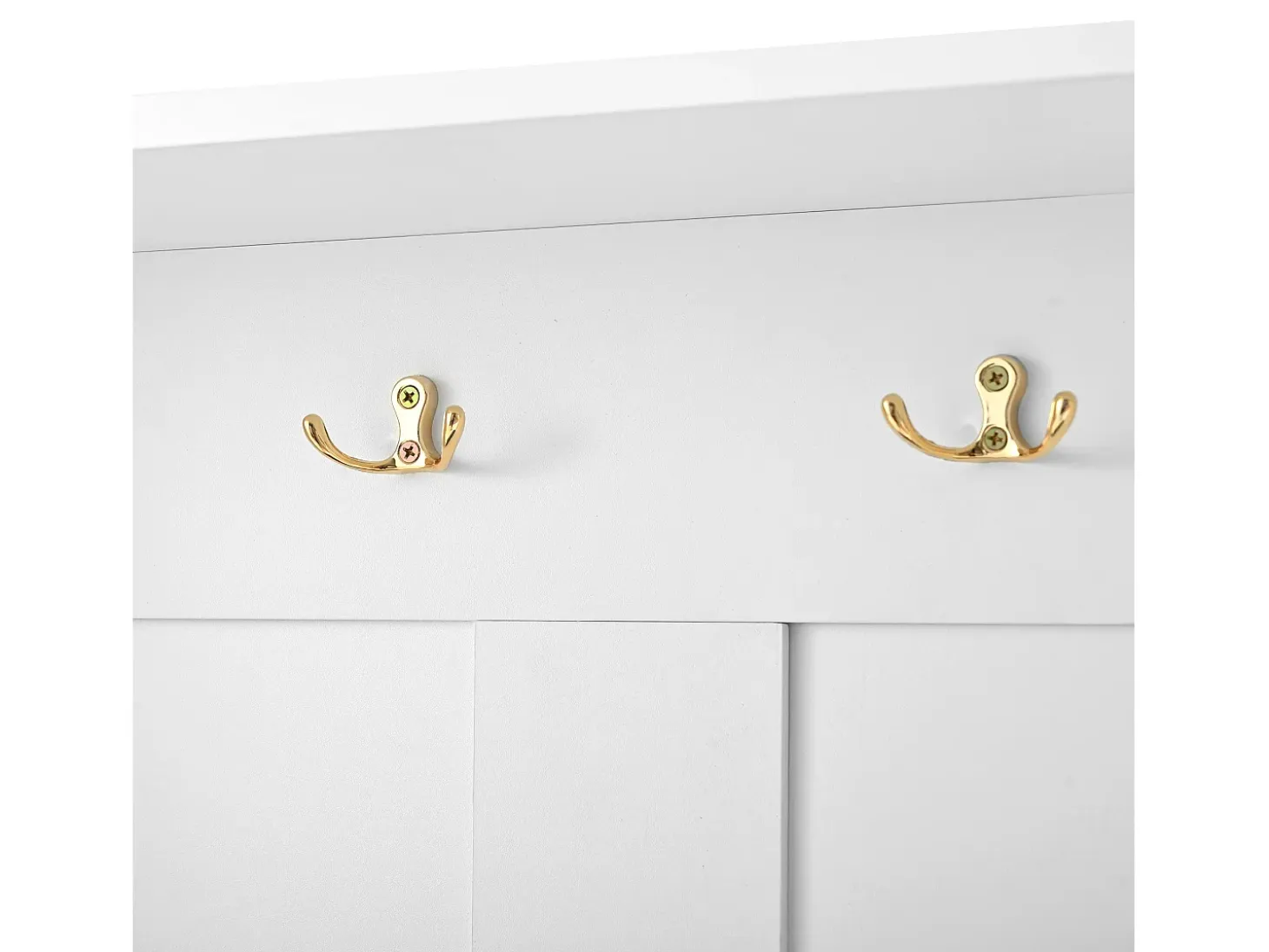 Perchero blanco con banco zapatero, 6 ganchos y espacio de almacenamiento - Mueble de entrada compacto