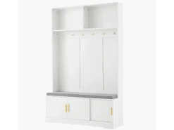 Perchero blanco con banco zapatero, 6 ganchos y espacio de almacenamiento - Mueble de entrada compacto