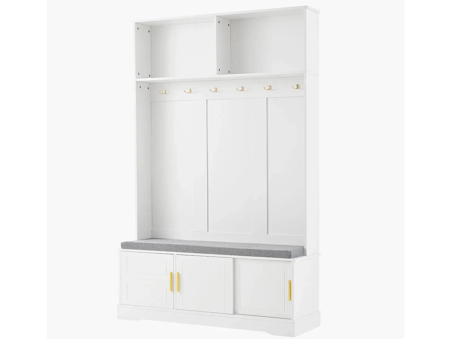 Perchero blanco con banco zapatero, 6 ganchos y espacio de almacenamiento - Mueble de entrada compacto