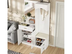 Perchero blanco con espejo, zapatero y banco - Mueble de recibidor 110x33x185,5 cm