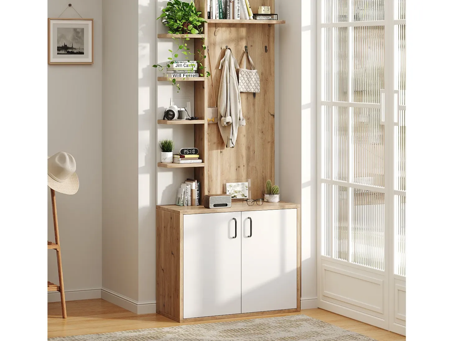 Perchero blanco y natural con ganchos y estantes de almacenamiento, 2 puertas – Para recibidores y pasillos