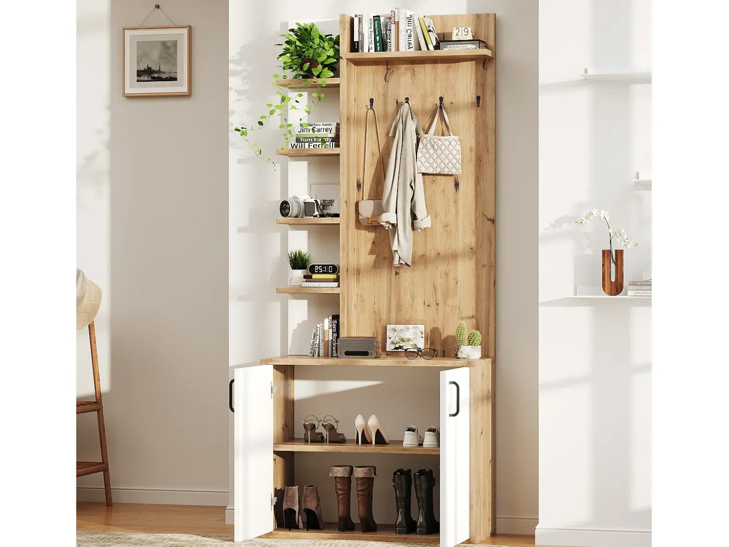 Perchero blanco y natural con ganchos y estantes de almacenamiento, 2 puertas – Para recibidores y pasillos