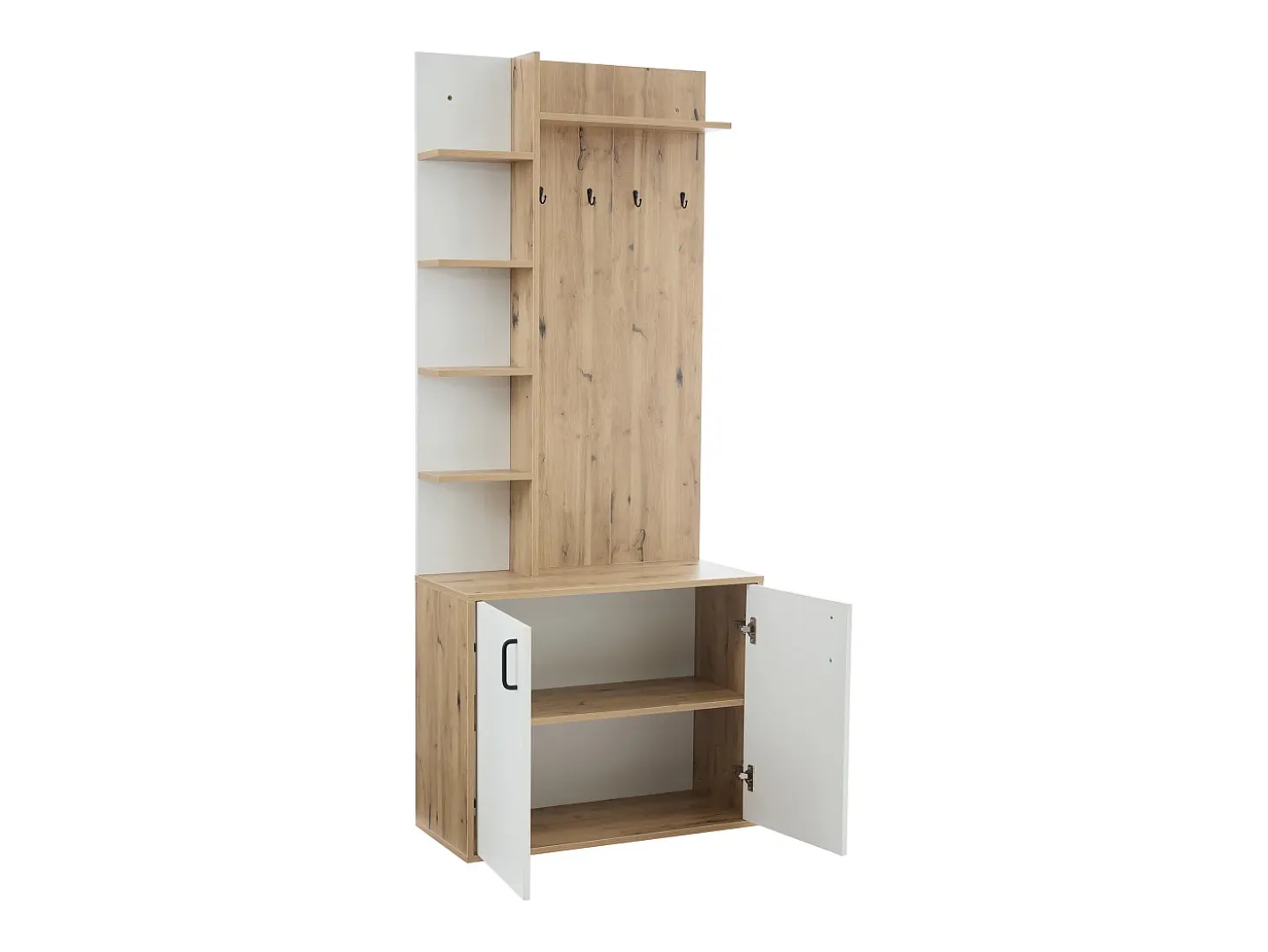 Perchero blanco y natural con ganchos y estantes de almacenamiento, 2 puertas – Para recibidores y pasillos
