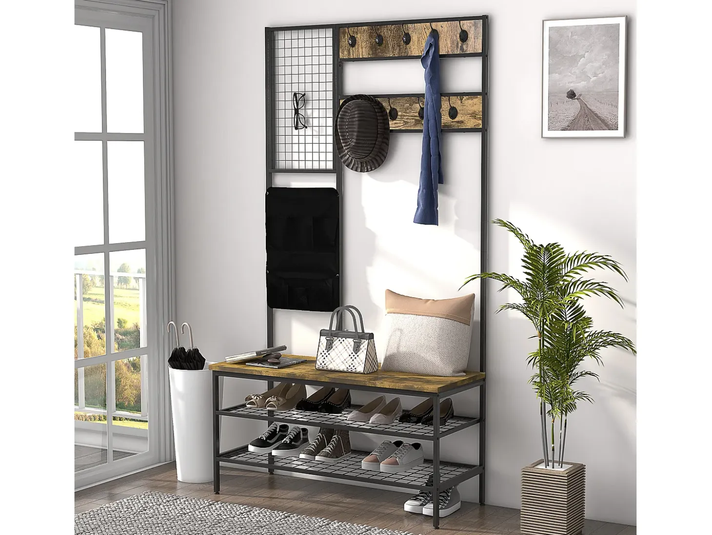 Perchero con banco y 9 ganchos, metal y madera, diseño industrial, color nogal (100x40x185 cm)