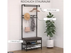 Perchero con banco, zapatero, metal, negro (72,5x35x180 cm)