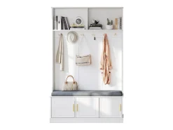 Perchero con banco zapatero, 6 ganchos triples, diseño moderno, aglomerado, blanco (120x40x191 cm)