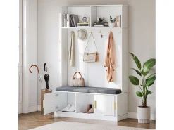 Perchero con banco zapatero, 6 ganchos triples, diseño moderno, aglomerado, blanco (120x40x191 cm)