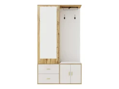 Perchero con espejo, banco zapatero y barra retráctil para ropa - blanco y natural