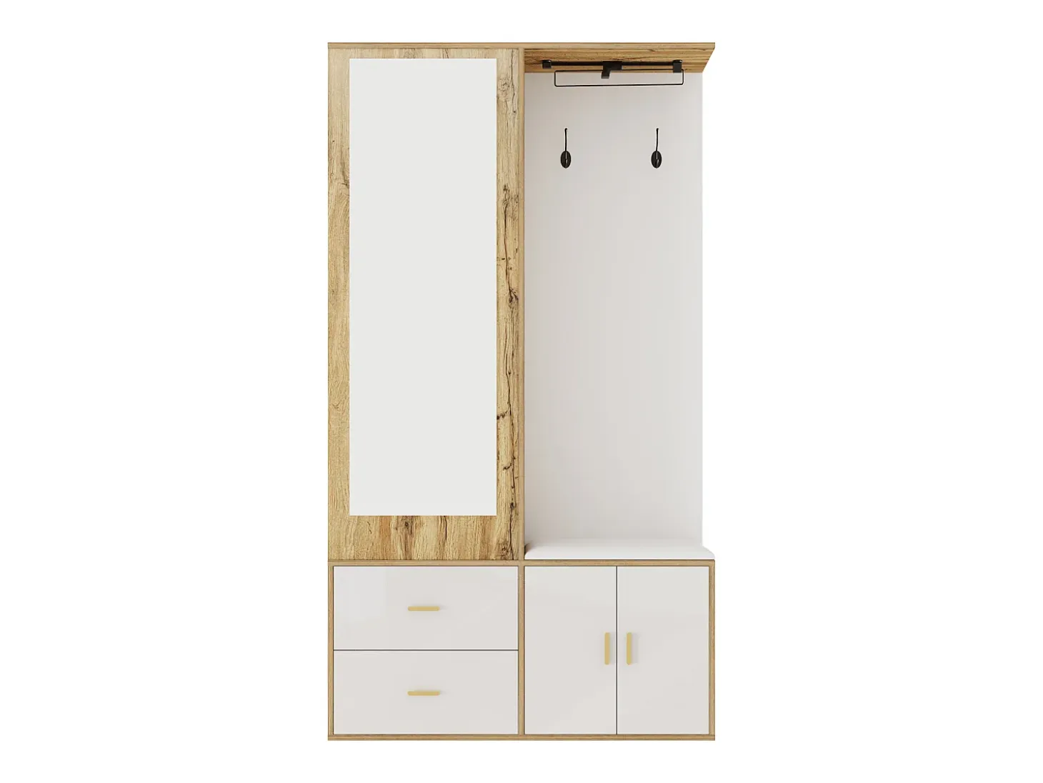 Perchero con espejo, banco zapatero y barra retráctil para ropa - blanco y natural