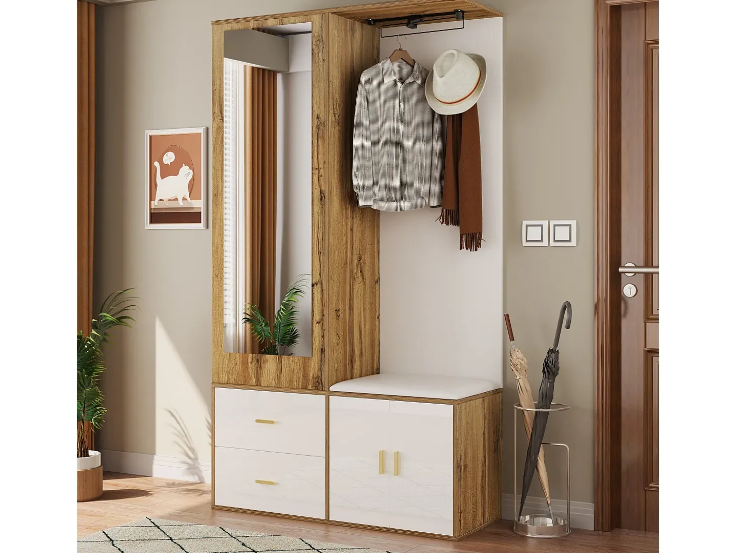 Perchero con espejo, banco zapatero y barra retráctil para ropa - blanco y natural
