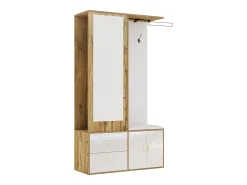 Perchero con espejo, banco zapatero y barra retráctil para ropa - blanco y natural