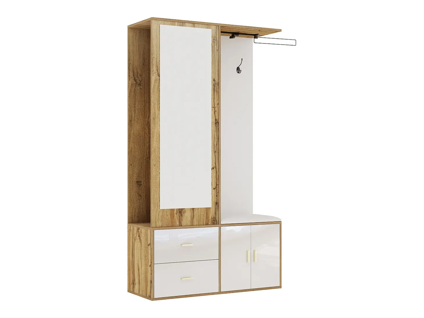Perchero con espejo, banco zapatero y barra retráctil para ropa - blanco y natural