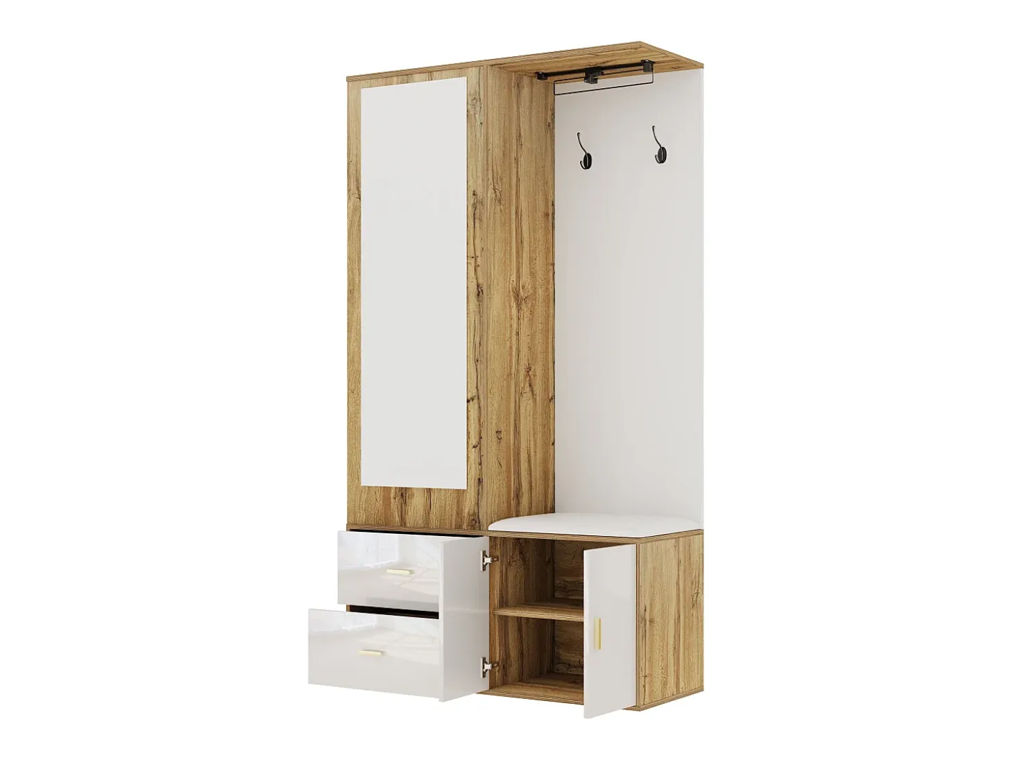 Perchero con espejo, banco zapatero y barra retráctil para ropa - blanco y natural