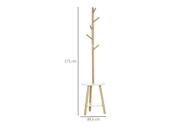 Perchero con mesa auxiliar, madera, blanco y natural (39,5x39,5x171 cm)