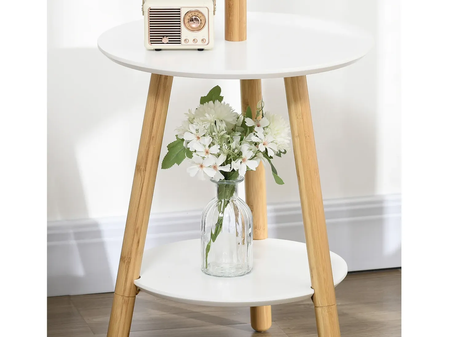 Perchero con mesa auxiliar, madera, blanco y natural (39,5x39,5x171 cm)