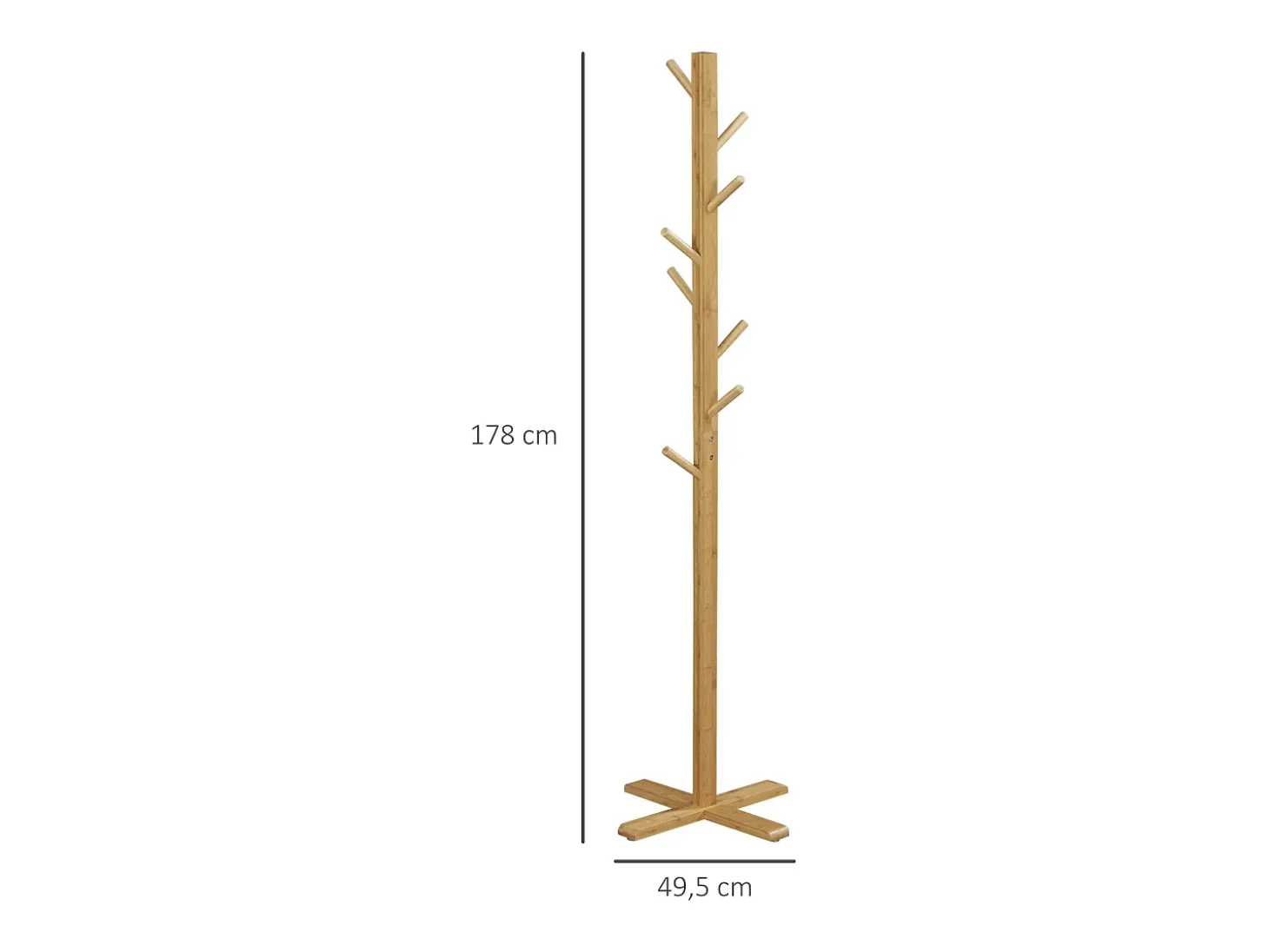 Perchero de bambú con 8 ganchos, diseño natural y funcional, color natural (49,5 x 49,5 x 178 cm)