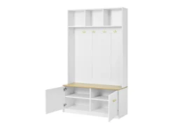 Perchero de entrada blanco con banco, 4 ganchos y 2 puertas 105×40×180 cm