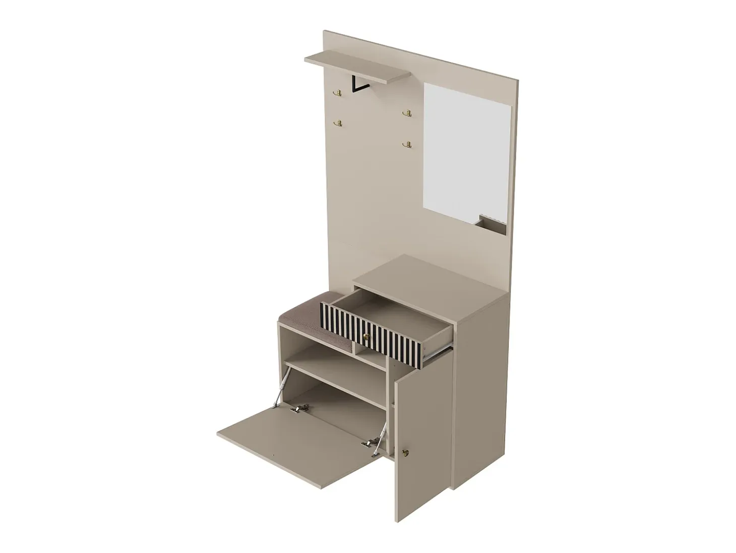 Perchero de entrada con banco para zapatos y espejo, espacio de almacenamiento - Beige Gris