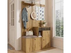 Perchero de entrada con banco para zapatos y espejo, espacio de almacenamiento - Natural