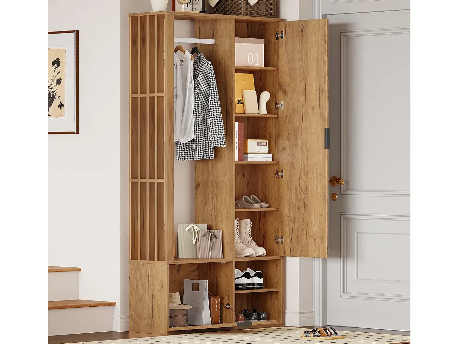 Perchero de madera con barra para colgar, espejo y estante de almacenamiento – Para recibidor y salón