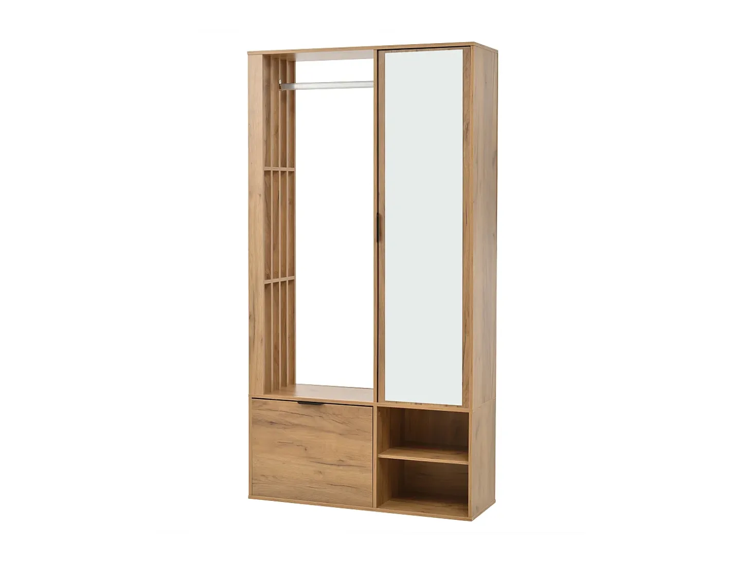 Perchero de madera con barra para colgar, espejo y estante de almacenamiento – Para recibidor y salón