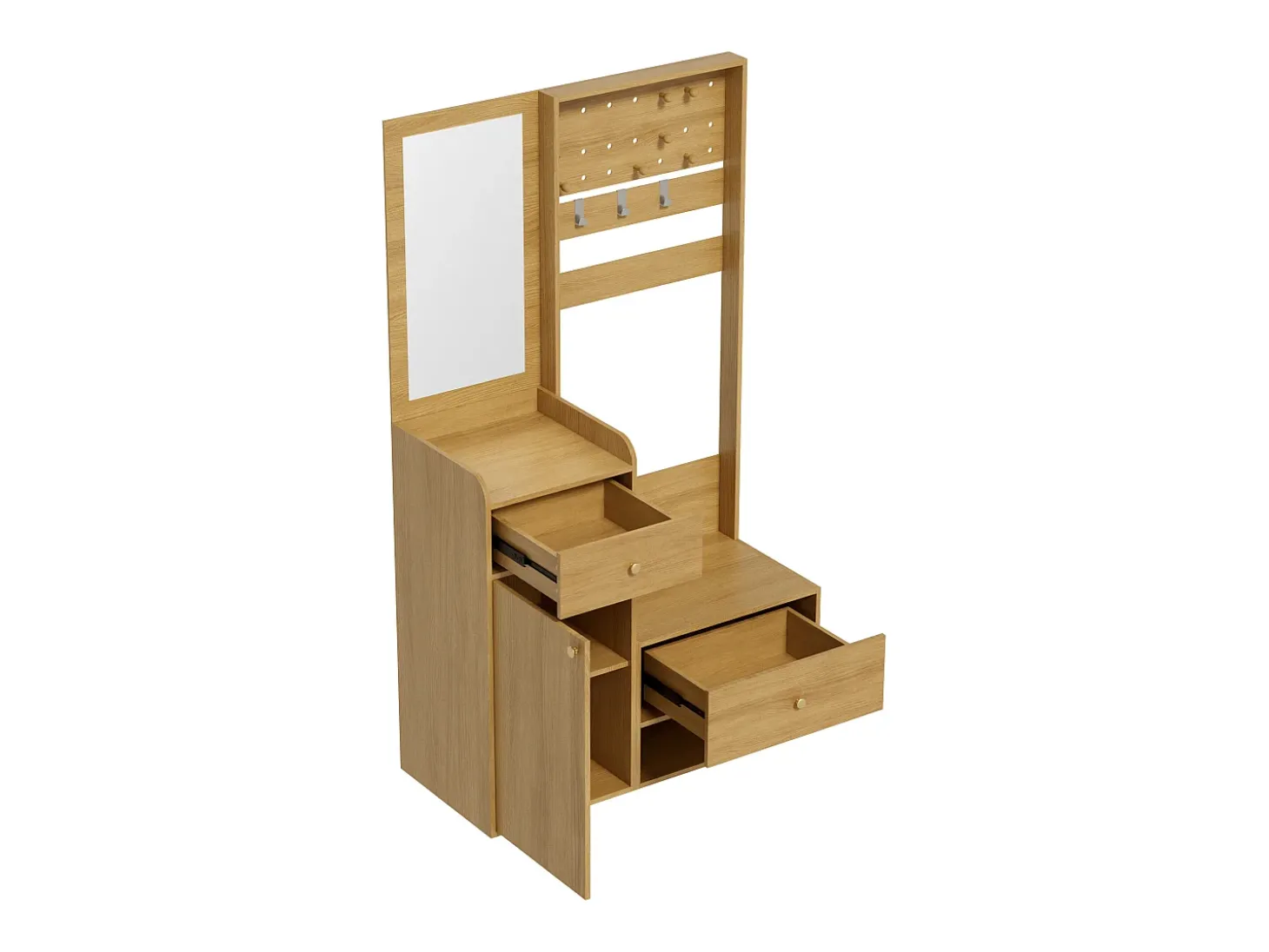 Perchero de madera con espejo - Armario de 2 cajones y 1 puerta - Espacio abierto y ganchos