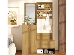 Perchero de madera con espejo - Armario de 2 cajones y 1 puerta - Espacio abierto y ganchos