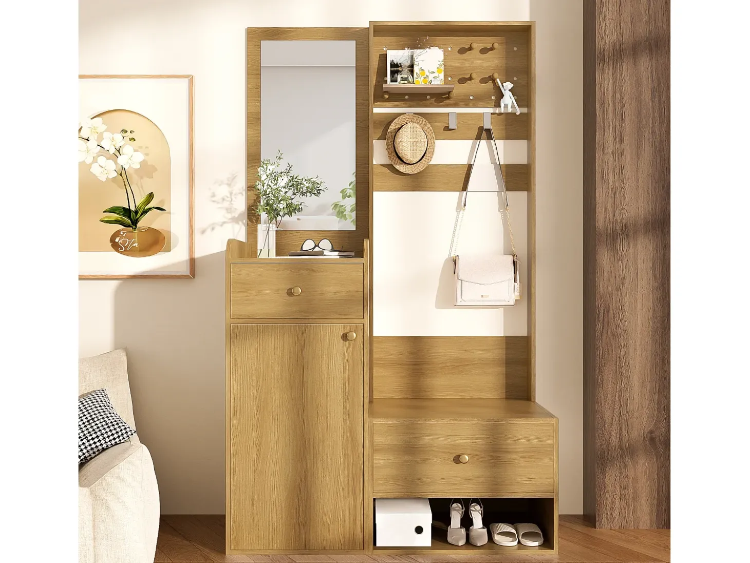 Perchero de madera con espejo - Armario de 2 cajones y 1 puerta - Espacio abierto y ganchos