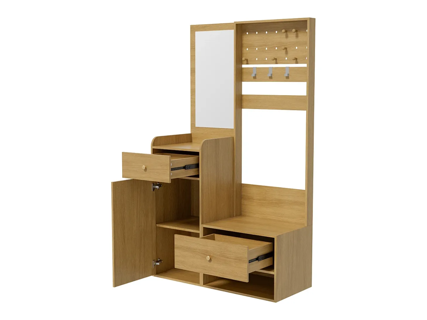 Perchero de madera con espejo - Armario de 2 cajones y 1 puerta - Espacio abierto y ganchos