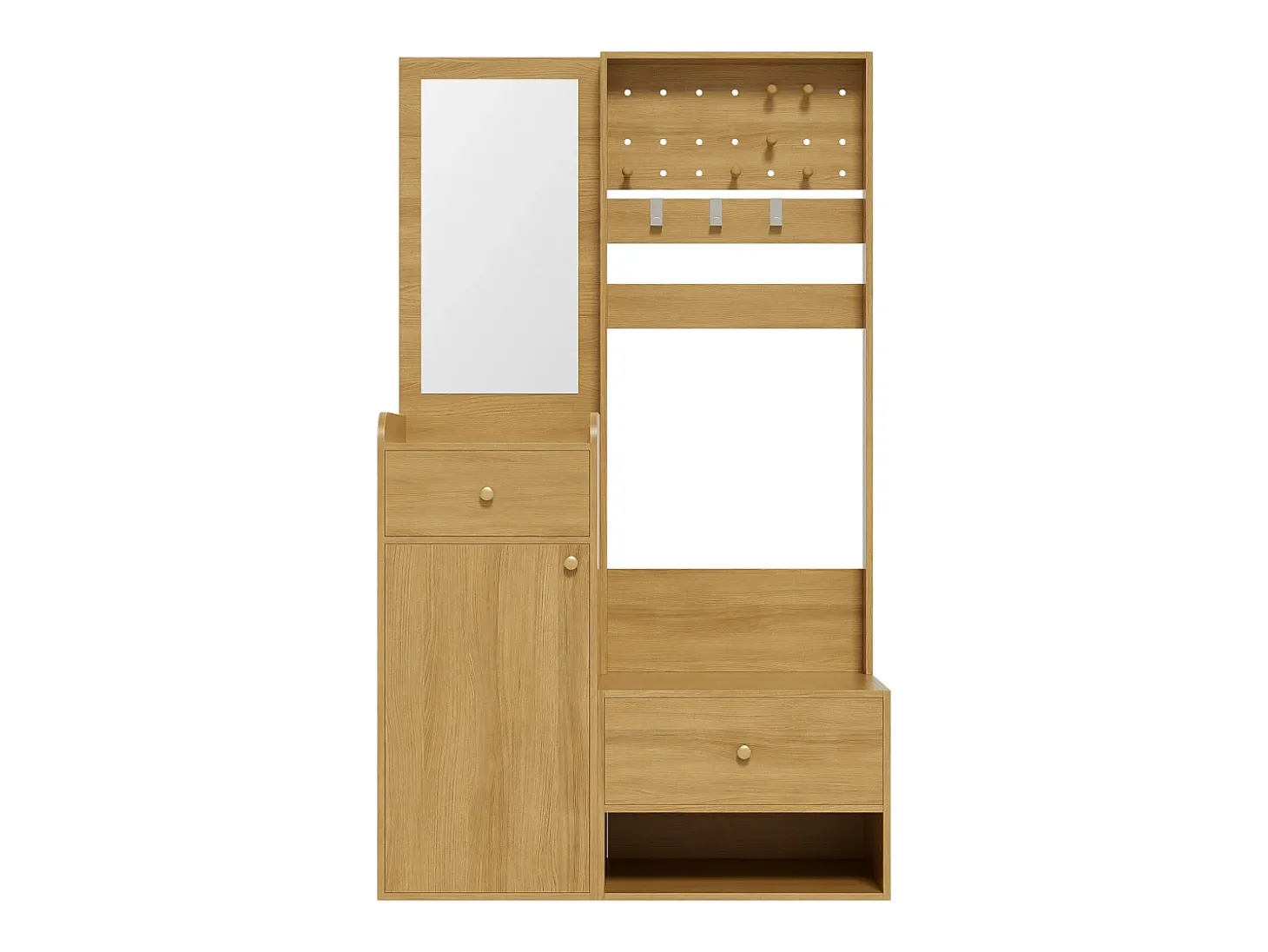 Perchero de madera con espejo - Armario de 2 cajones y 1 puerta - Espacio abierto y ganchos