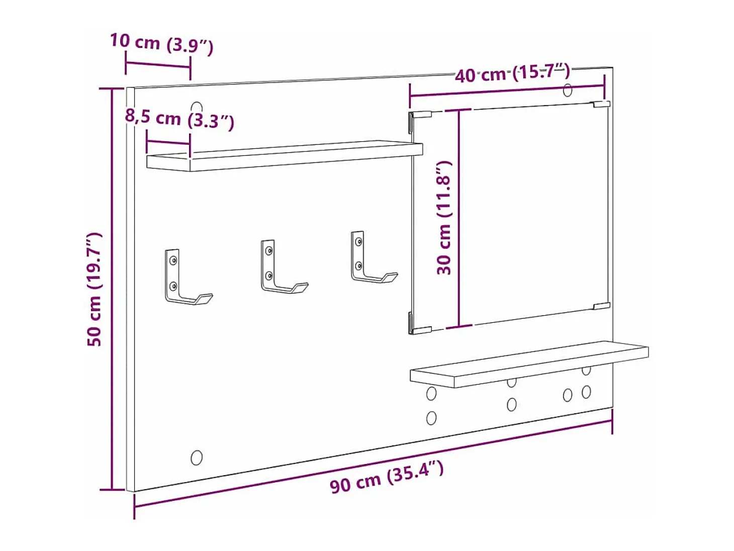 Perchero de pared con espejo, roble artesanal, 90 x 10 x 50 cm