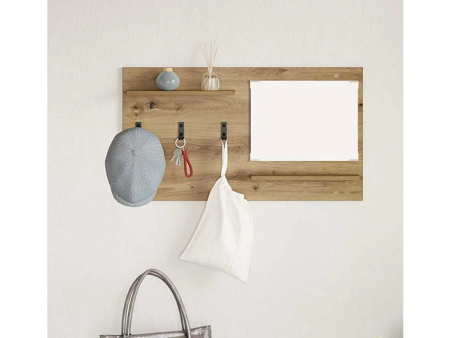 Perchero de pared con espejo, roble artesanal, 90 x 10 x 50 cm