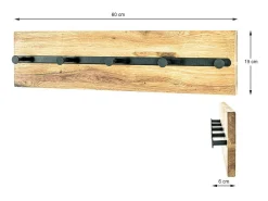 Perchero de pared de diseño industrial de roble y metal negro con 5 ganchos Lorna