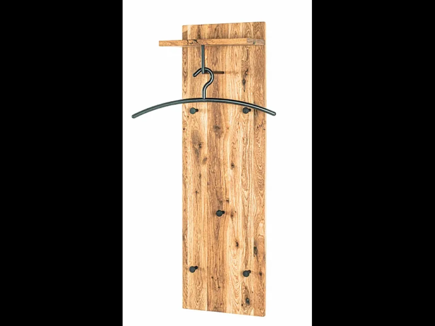 Perchero de pared de diseño industrial en roble y metal negro con 5 ganchos y estante Lorna